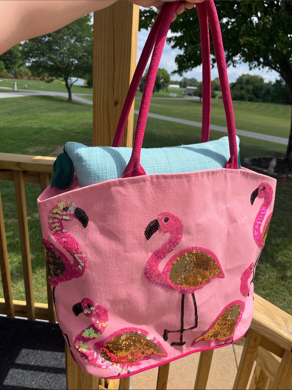 Pink Sequin Flamingo Tote Book Bag Farmers Market Tote